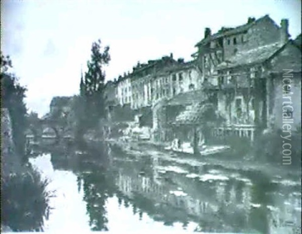 Village Au Bord De L'eau, Lavoir Oil Painting - Alfred Renaudin