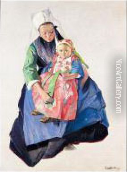 Mother And Child At Plougastel In Brittany Oil Painting - Virgilio Costantini