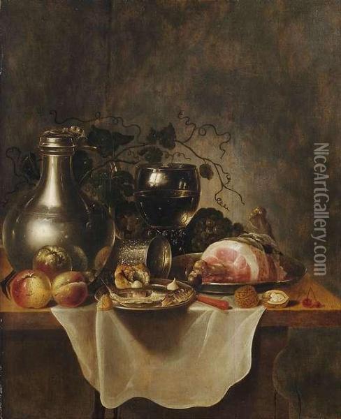 Breakfast Still Life With Pewter Jar, Rummer, Ham, Whiteherring And Fruits On A Table. Oil Painting - Cornelis Cruys