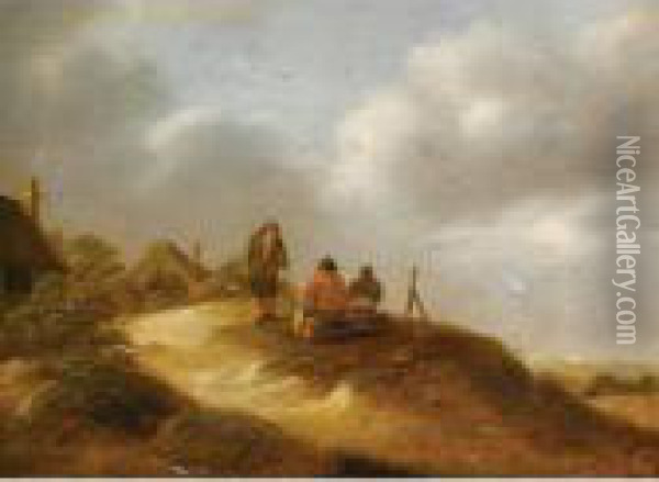 A Dune Landscape With Three Boors Conversing Before A Hamlet Oil Painting - Claes Molenaar (see Molenaer)