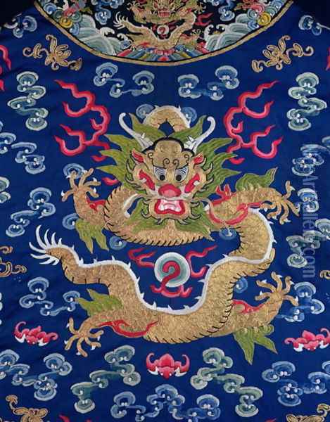 A blue-ground embroidered Kesi dragon robe (detail of dragon) Oil Painting - Anonymous Artist