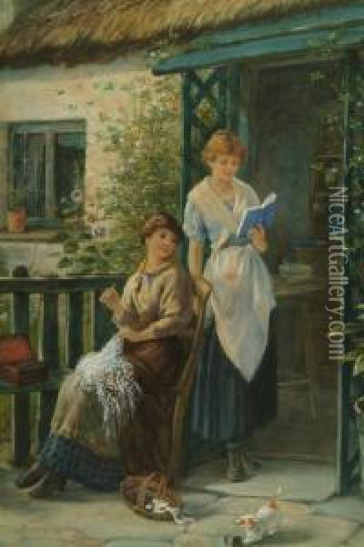 Two Young Women In A Cottage 
Doorway, One Sewing Another Reading, A Kitten Playing Nearby, Signed And
 Dated '85 Oil Painting - James Drummond