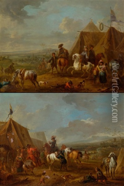 Pair Of Works: Soldiers At Rest Before A Tent Oil Painting - August Querfurt