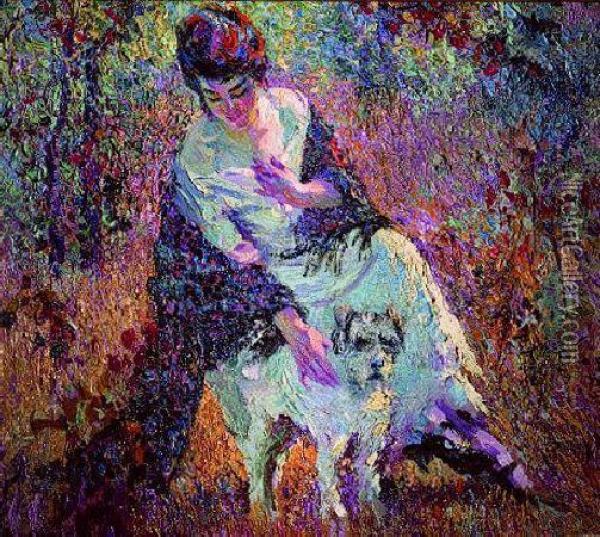 Girl With Her Dog Oil Painting - Charles F. Arcieri