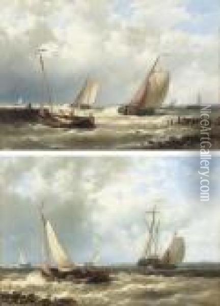 Dutch Fishing Boats In A Harbour Entrance Oil Painting - Abraham Hulk Jun.