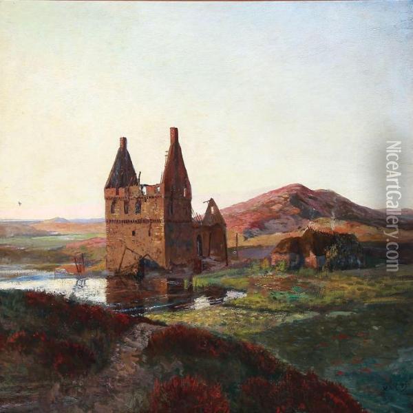 Castle Ruin In A Moor Landscape Oil Painting - Hans Nicolaj Hansen
