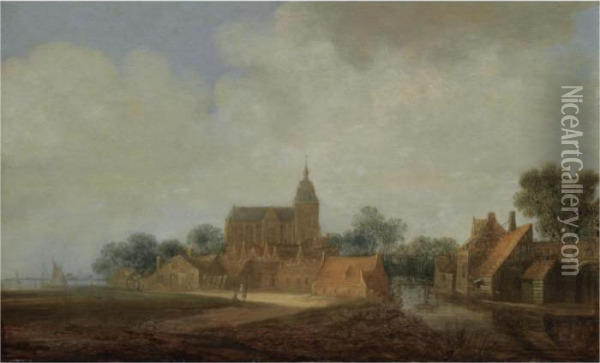 A View Of A Dutch Village With A Church, Figures Conversing On A Path, Shipping Nearby Oil Painting - Wouter Knijff
