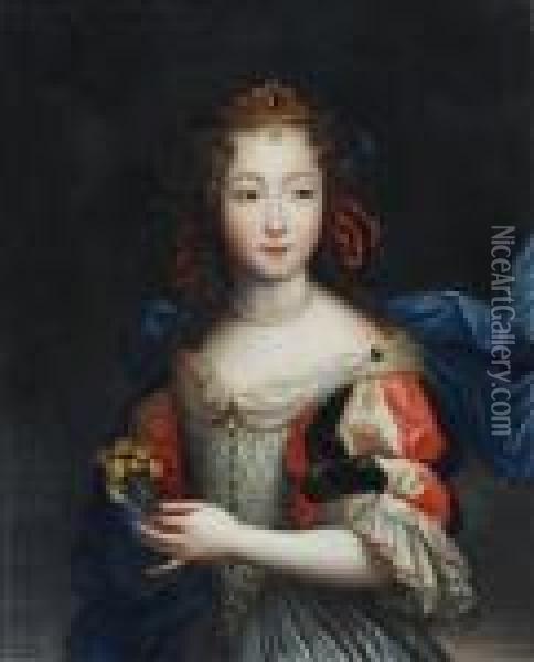 Portrait Of A Young Woman, Half Length, Holding A Posy Oil Painting - Pierre Le Romain I Mignard