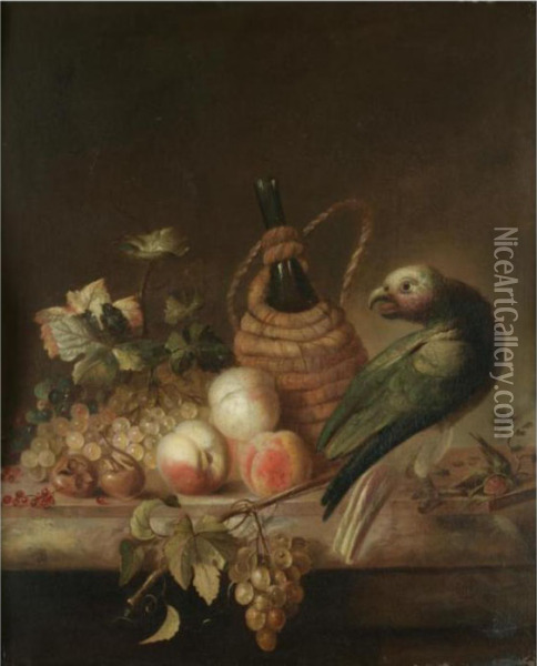 A Still Life With A Parrot, 
Together With A Flagon Of Wine, A Bunch Of Grapes, Peaches And 
Redcurrants On A Marble Ledge Oil Painting - Barend or Bernardus van der Meer