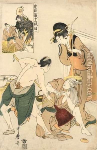 Deux Hommes Se Battant Avec Des Balais, Observee Par Une Bijin. Oil Painting - Kitagawa Utamaro