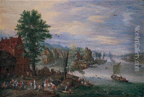 A Village Scene With Boats And A Fisherman By A River Oil Painting - Peter Gysels