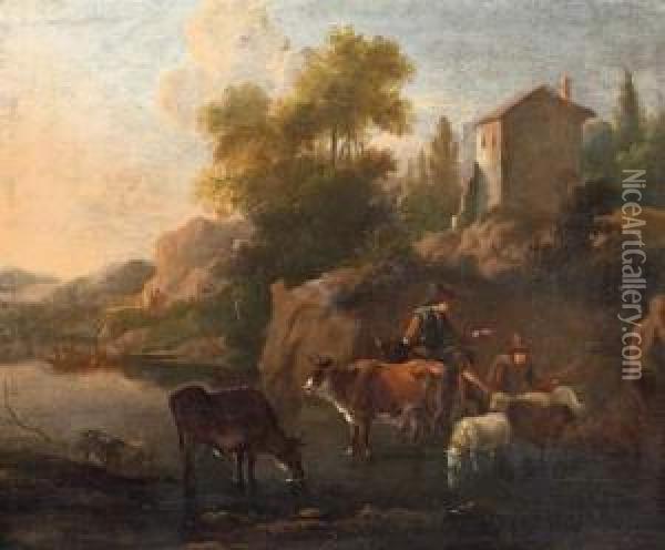 Shepherds With Cattle By The Water Oil Painting - Jakob Roos