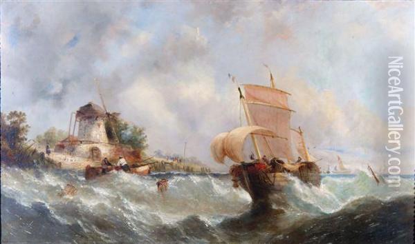 A French Fishing Boat Off The Dutch Coast In Stormy Waters Oil Painting - William Calcott Knell