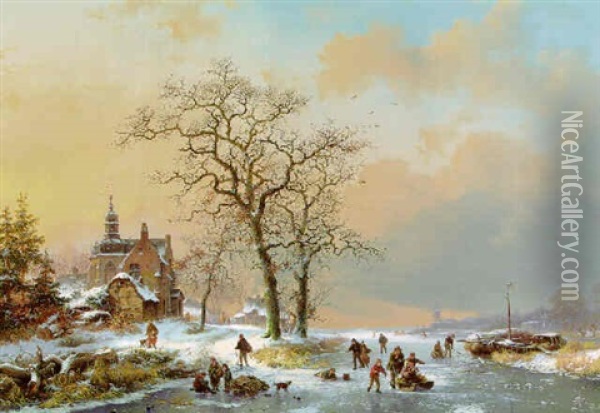 A Winter Landscape With Figures On A Frozen River Oil Painting - Frederik Marinus Kruseman
