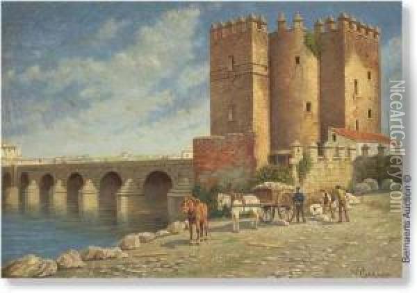 'le Vieux Pont A Mandosa Espagne' (1925) Oil Painting - Victor Carabain