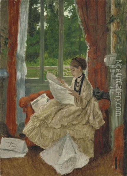 Jeune Femme Lisant Le Journal Oil Painting - James Jacques Joseph Tissot