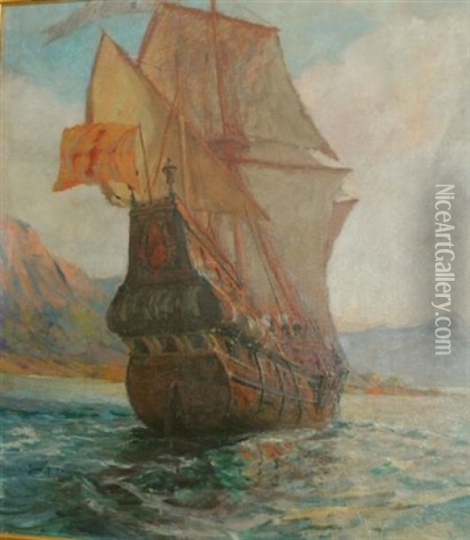 Untitled - Galleon Running Away #2 Oil Painting - John P. Benson