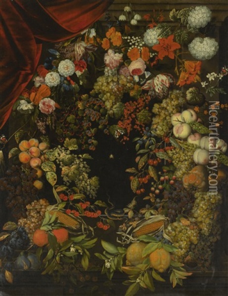 A Garland Of Flowers And Fruit Around A Stone Niche With Butterflies, A Snake And A Spider Oil Painting - Ottmar Elliger the Elder