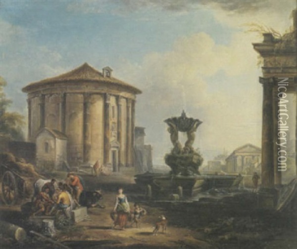 A Capriccio View Of The Temple Of Vesta With Figures Playing Cards In The Foreground Oil Painting - Hubert Robert
