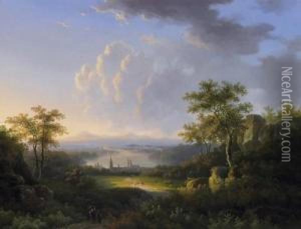 Late Summer Morning. View From A
 Hillside On An Idyllic River Landscape. Signed And Dated Bottom Right: 
W. De Klerk 1854 Oil Painting - Willem De Klerk