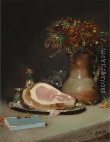 Still Life With Flowers And Ham Oil Painting - Antoine Vollon