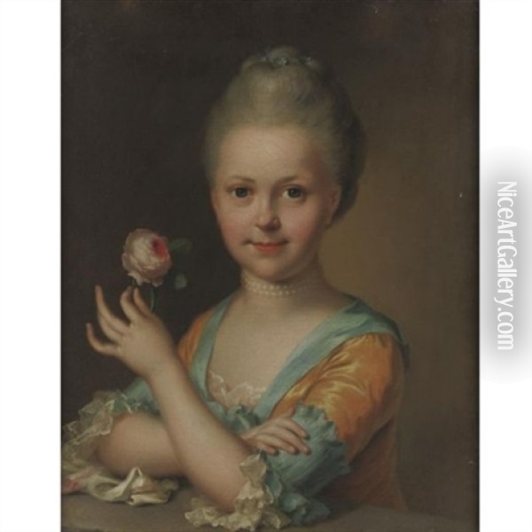 Portrait Of A Girl Holding A Peony Oil Painting - Francois Hubert Drouais