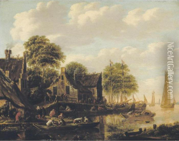A River Landscape With Numerous Boats And Figures Outside An Inn Oil Painting - Thomas Heeremans
