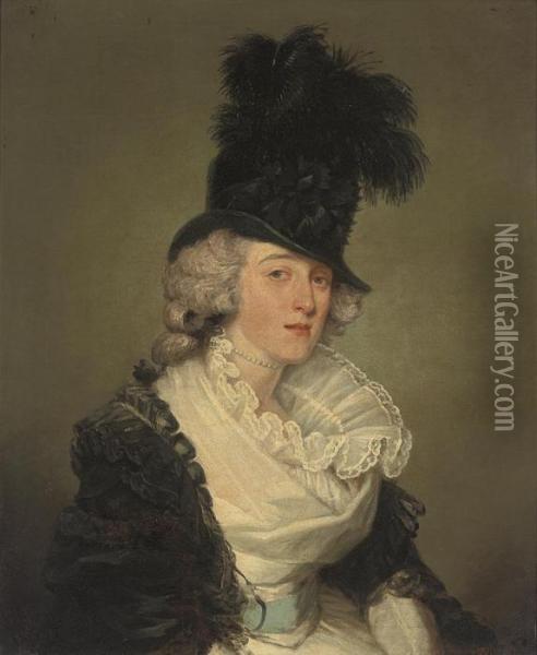 Portrait Of A Lady, 
Traditionally Identified As Lady Trent,half-length, In A White Dress 
With Blue Sash And A Black Lace Coat,with A Black Plumed Hat Oil Painting - Gilbert Stuart