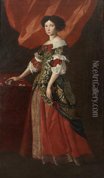 Portrait Of A Lady, Full-length, In A Red Andgold Brocade Dress Standing Before A Red Curtain Oil Painting - Pier Francesco Cittadini Il Milanese