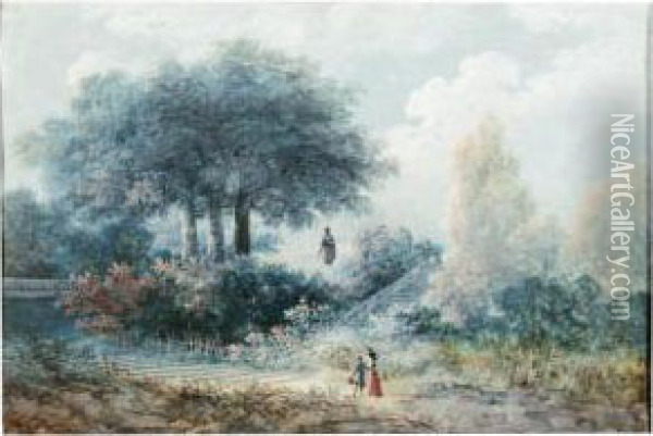 A Couple Strolling In A Park Oil Painting - Louis-Gabriel Moreau the Elder