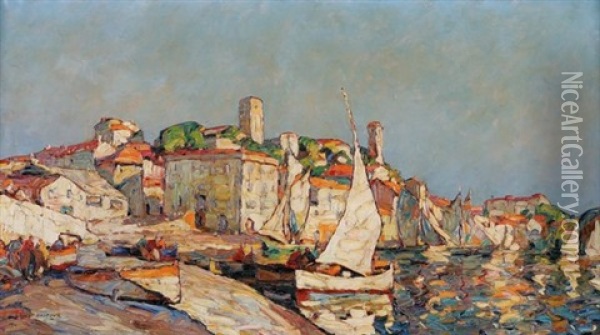 Cannes, Vue Du Port - Voile Blanche Oil Painting - Louis Pastour