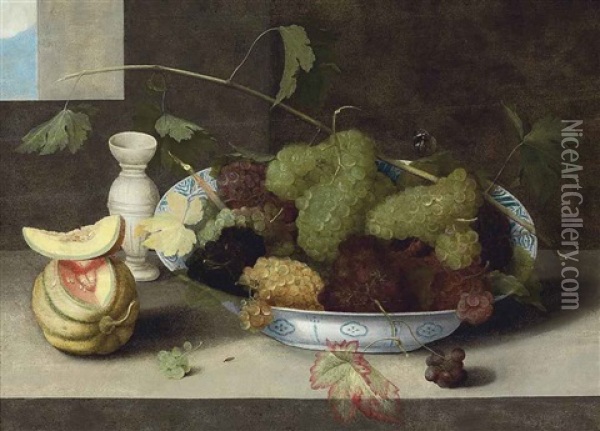 A Kraak Porcelain Bowl Of Grapes, With A Cut Melon And A Stoneware Vase On A Stone Ledge Oil Painting - Pieter Binoit