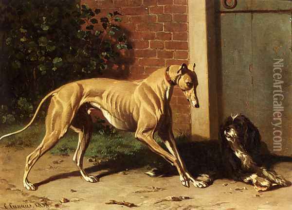 A Greyhound And A Shepherd Dog Oil Painting - Conradyn Cunaeus