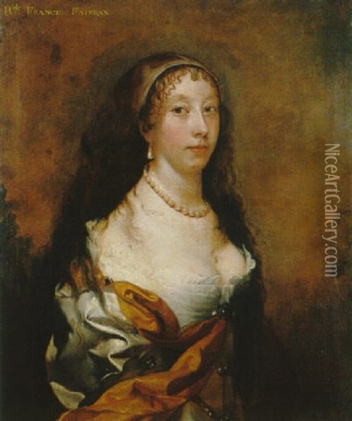 Portrait Of Frances Fairfax, Half Length, Wearing A White Satin Dress And Orange Robes Oil Painting - John Scougall