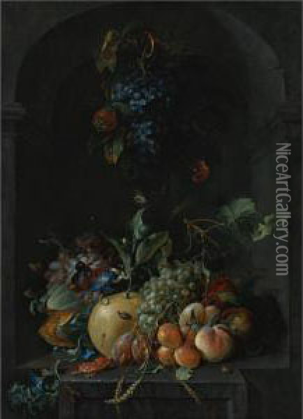 Still Life Of Grapes, Melons, Peaches, Plums And Other Fruit With Morning Glory And Shafts Of Wheat In A Stone Niche, With A Bunch Of Grapes And Medlars Hanging Above Oil Painting - Coenraet Roepel