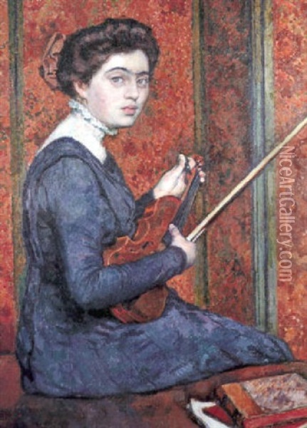 Femme Au Violon, Portrait De Renee Druet Oil Painting - Theo van Rysselberghe