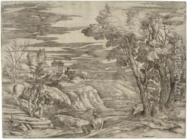 Landschaft Mit Einem Rastenden Edelmann Oil Painting - Tiziano Vecellio (Titian)