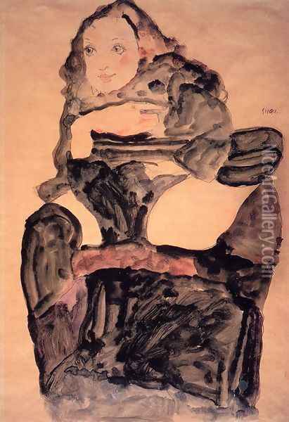 Seated Girl With Raised Left Leg Oil Painting - Egon Schiele