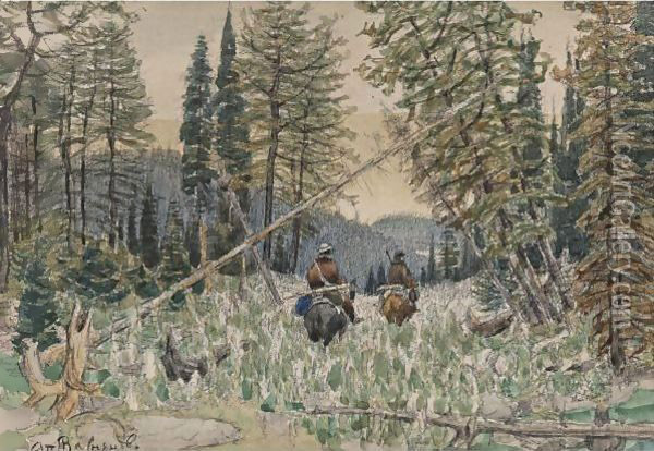 Hunters On Horseback In A Pine Forest Oil Painting - Apollinari Mikhailovich Vasnetsov