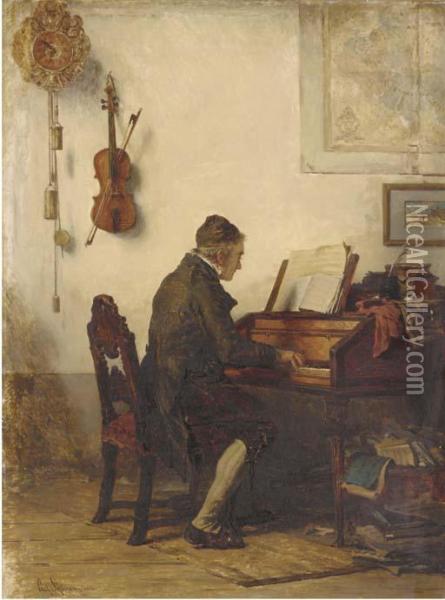 Playing The Piano Oil Painting - Carl Schlosser