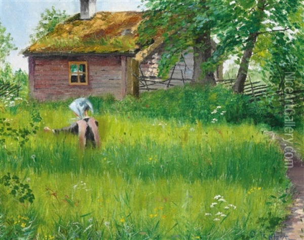 Girl In The Summer Green Oil Painting - Olof Sager-Nelson