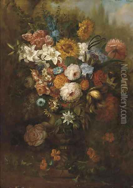 Roses, carnations, morning glory and other flowers in an urn on a ledge Oil Painting - Johann Baptist Drechsler