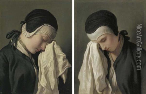 Two Young Women Crying Oil Painting - Pietro Antonio Rotari