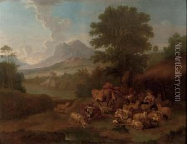 A Peasant Resting With His Herd In An Italianate Landscape Oil Painting - Simon van der Does