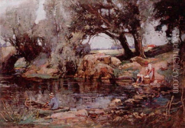 Women Washing At The Rivers Edge Oil Painting - William Watt Milne