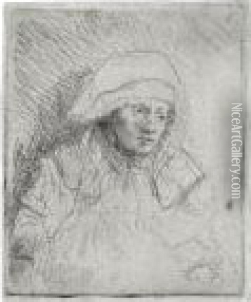 Sick Woman With A Large White Headdress (saskia) (b., Holl. 359; H. 196; Bb. 42-4) Oil Painting - Rembrandt Van Rijn