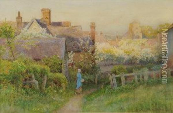 Woman By A Cottage, Village Oil Painting - Walter Follen Bishop