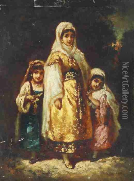 Trois Smyrniotes Groupes Dans Un Bois: Turkish Family In Awood Oil Painting - Narcisse-Virgile D Az De La Pena