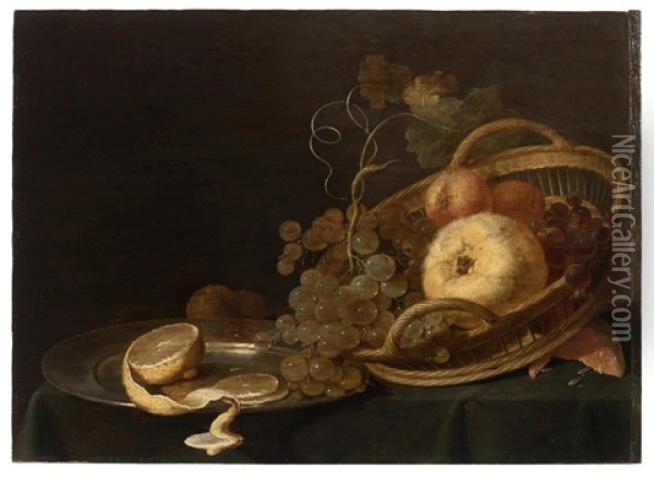 Panier De Fruits Et Citron Sur Un Entablement Oil Painting - Jan Davidsz De Heem