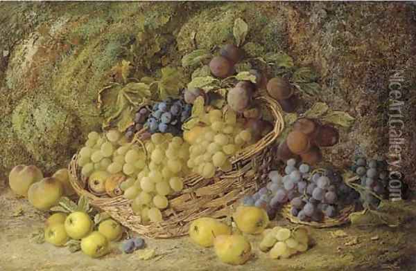 Grapes, apples, plums and blueberries in a wicker basket Oil Painting - Vincent Clare
